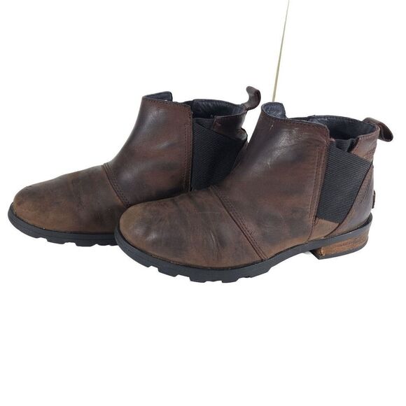Women's Sorel Emilie US 7,5 Dark Brown Leather Pull On Ankle Chelsea Booties - Picture 1 of 13
